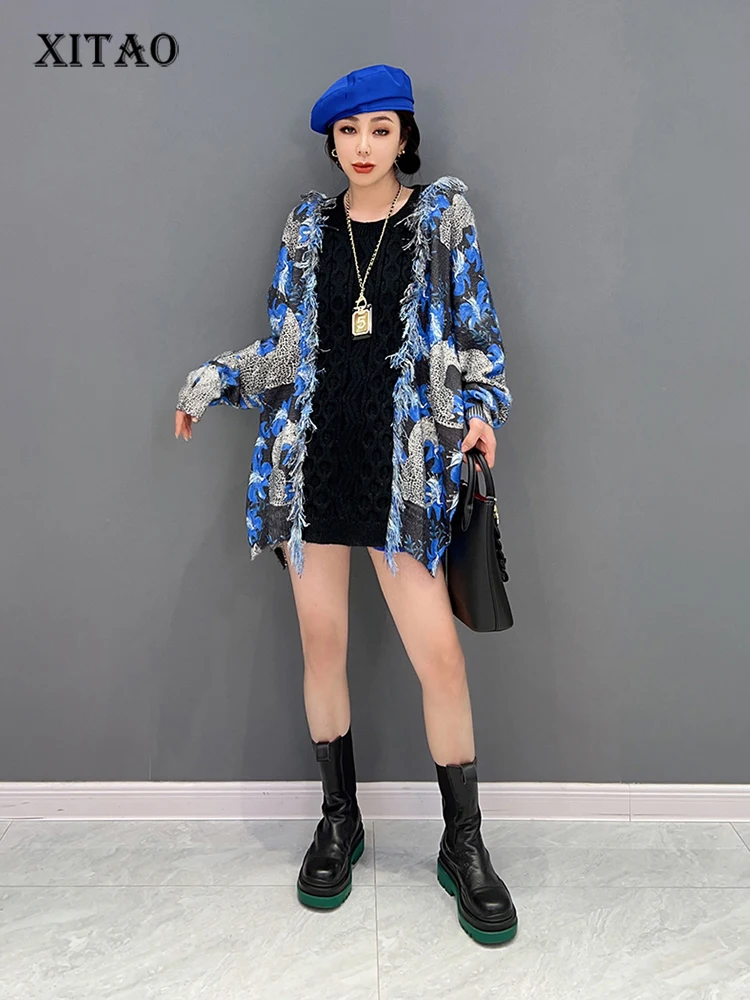 

XITAO Personality Knitting Pullover Sweater Fashion Contrast Color Tassel Splicing Women Sweater Loose Top Winter New SMH10200