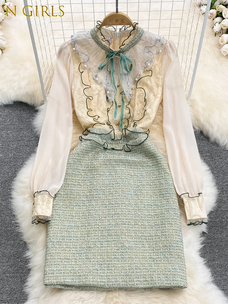 

2022 Spring Autumn New Lace Stitching Temperament Stand Collar Women's Long Sleeve Ruffle Dress Elegant Clothes Vestidos Female