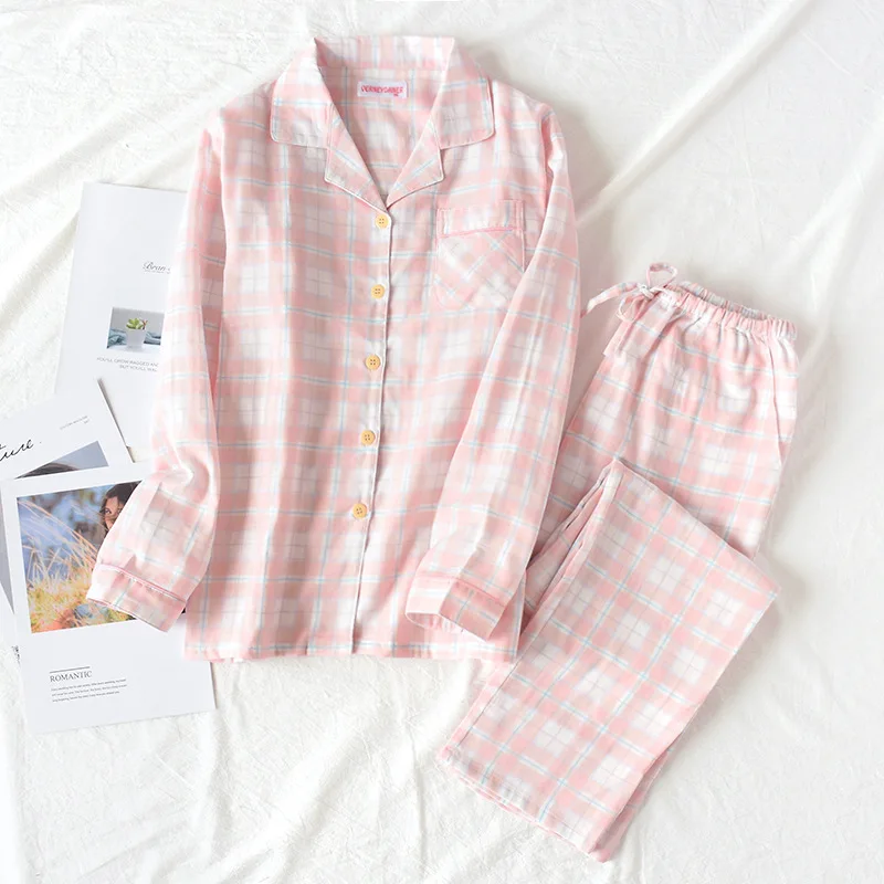 

Japanese Spring Autumn Couple Pajamas Long-sleeved Plaid Thin Cotton Homewear Loose Comfortable Trousers Two-piece Suit Pijama