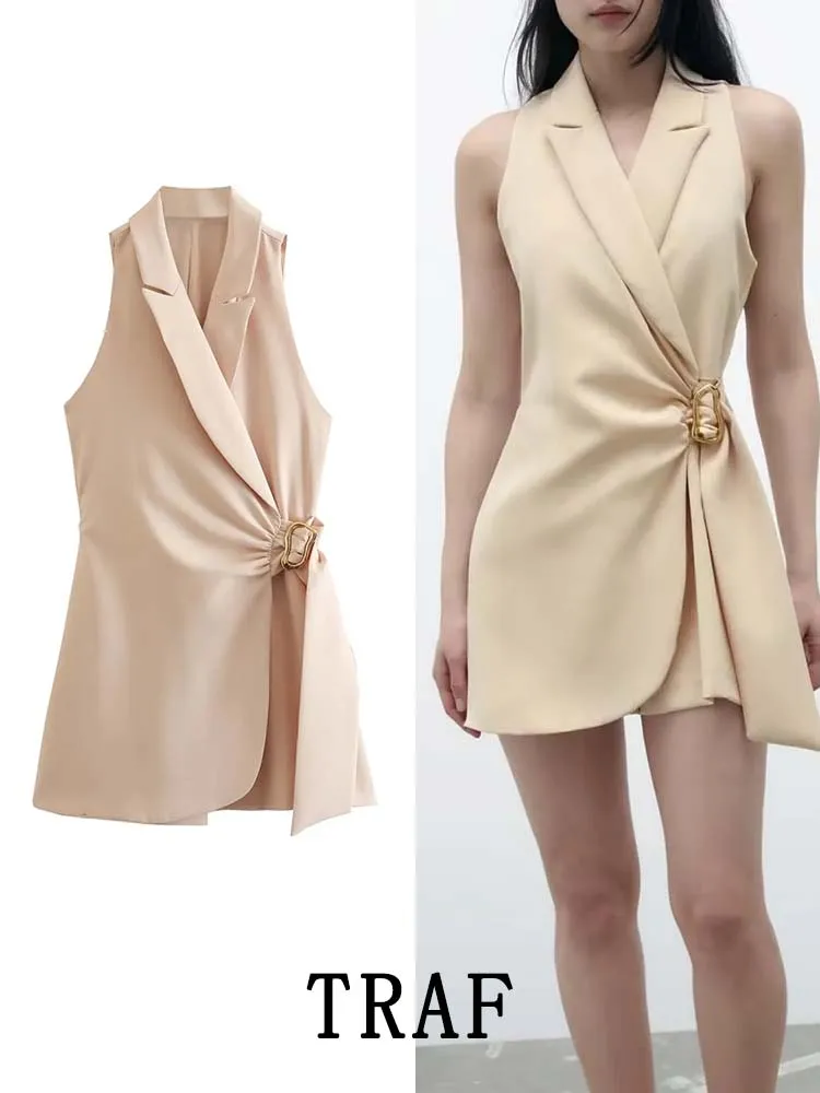 

TRAF 2023 Blazer Style Woman Short Playsuit Elegant Summer Woman Jumpsuit Buckle Wrap Sleeveless Jumpsuit Women Combinations