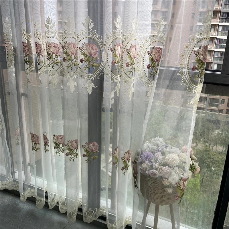 Luxury White Embroidery Flowers Curtains for Living Room Chinese Classical Peony Window Screen Panels for Bedroom Tassel Tulle T