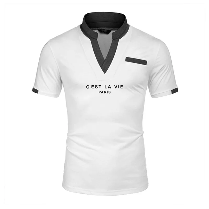2022 New Mens Polo Shirts Short Sleeve V Stand Collar Men Clothing Summer Casual Slim Polo Shirt Tops Printing T Shirt