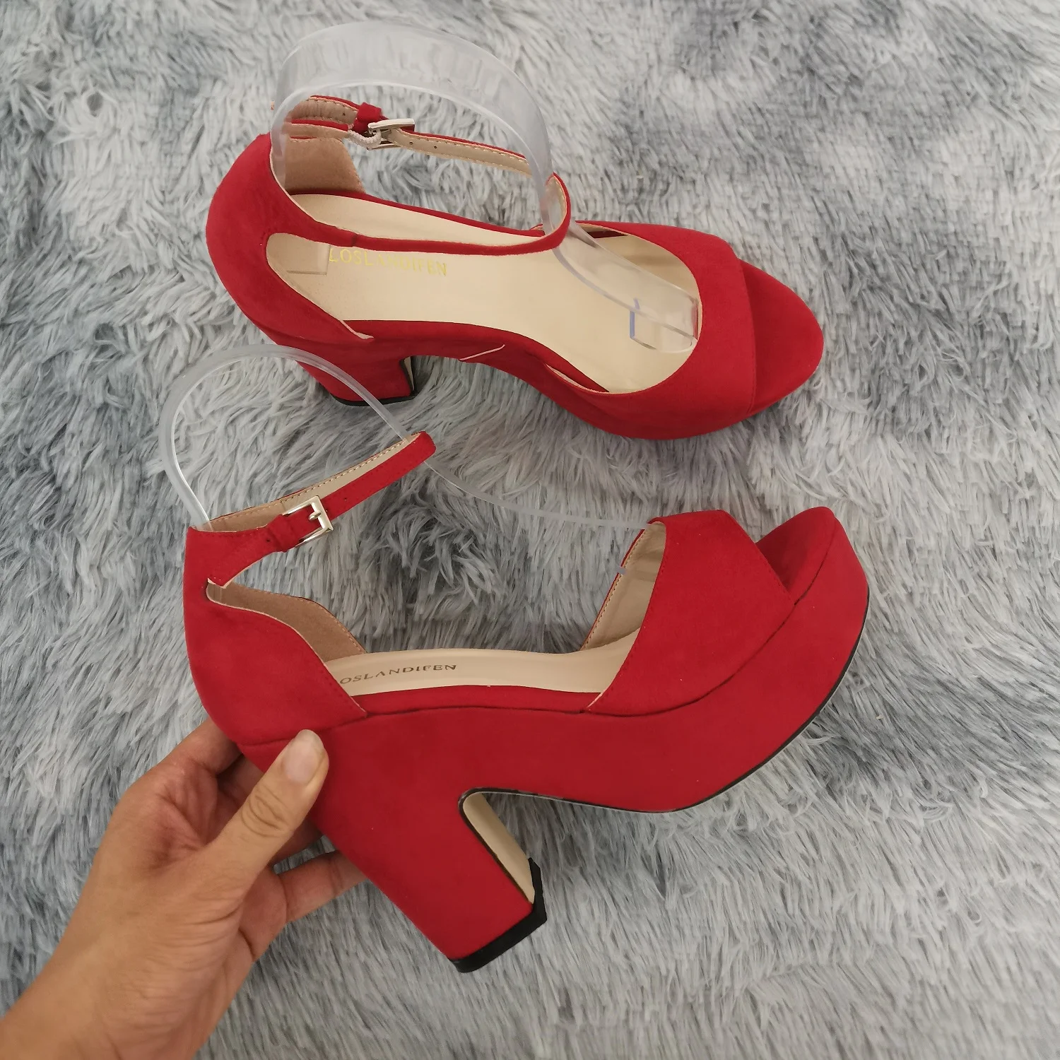 

LOSLANDIFEN Women Sandals 12cm Sexy Peep Toe Square High Heels Summer Ankle Strap Sandal Flock Platform Party Red Wedding Shoes