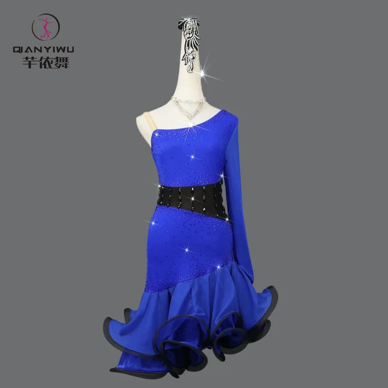 Женский танцевальный костюм синий средней длины с юбкой бахромой лето 2024