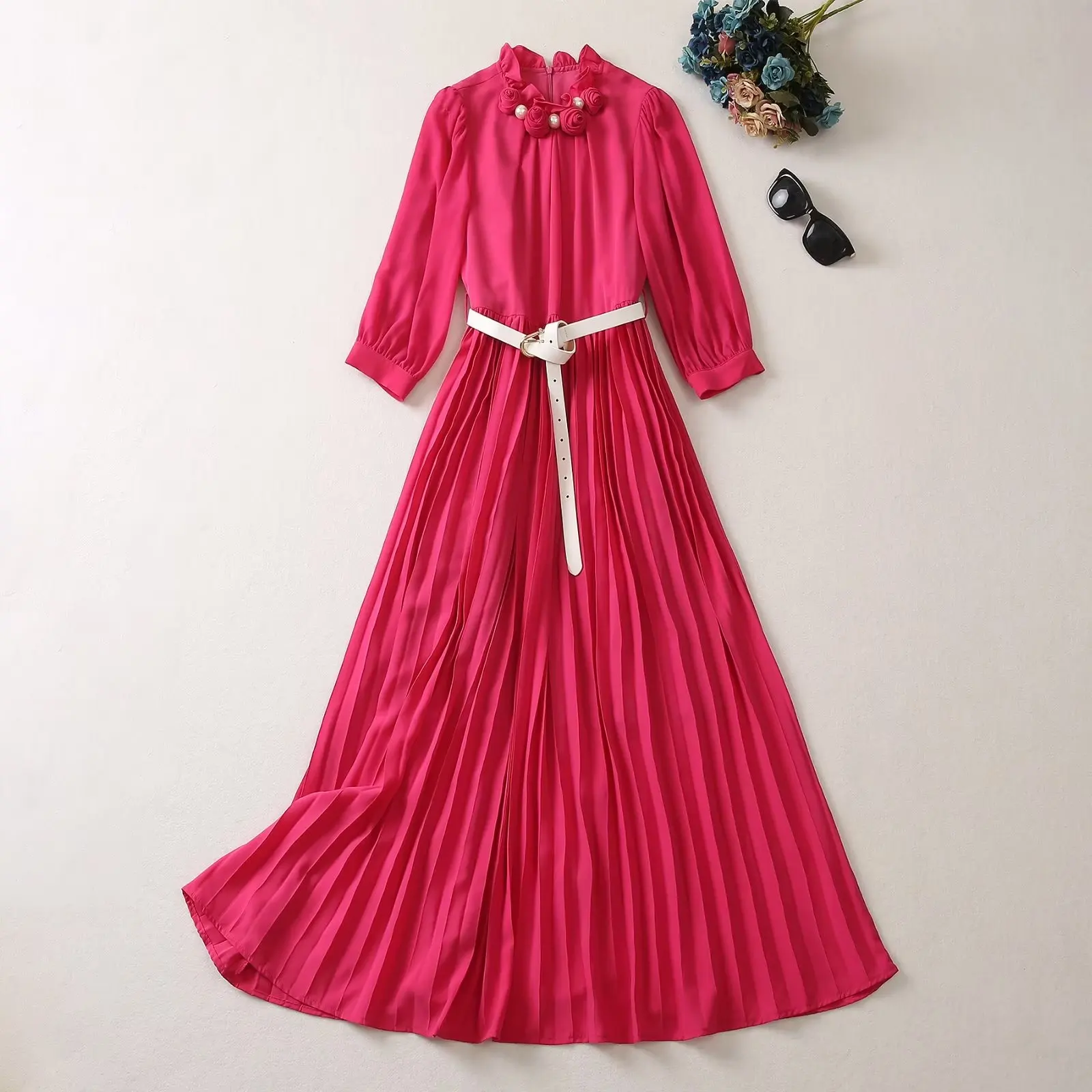 European and American women's dress 2023 summer new style Floral stand collar seven-point sleeves Fashion Belt Pleated dress XXL