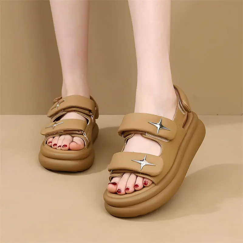 43 plus Size 42 Genuine Leather Breathable Summer Platform Flat Mid Heel 2023 New Women's Sandal Boots