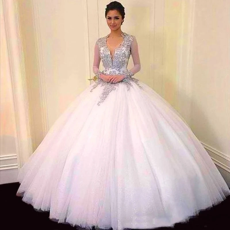 

ANGELSBRIDEP Deep V-Neck Ball Gown Wedding Dress Vestido De Noiva Sexy Backless Long Sleeves Formal Bridal Gowns Plus Size