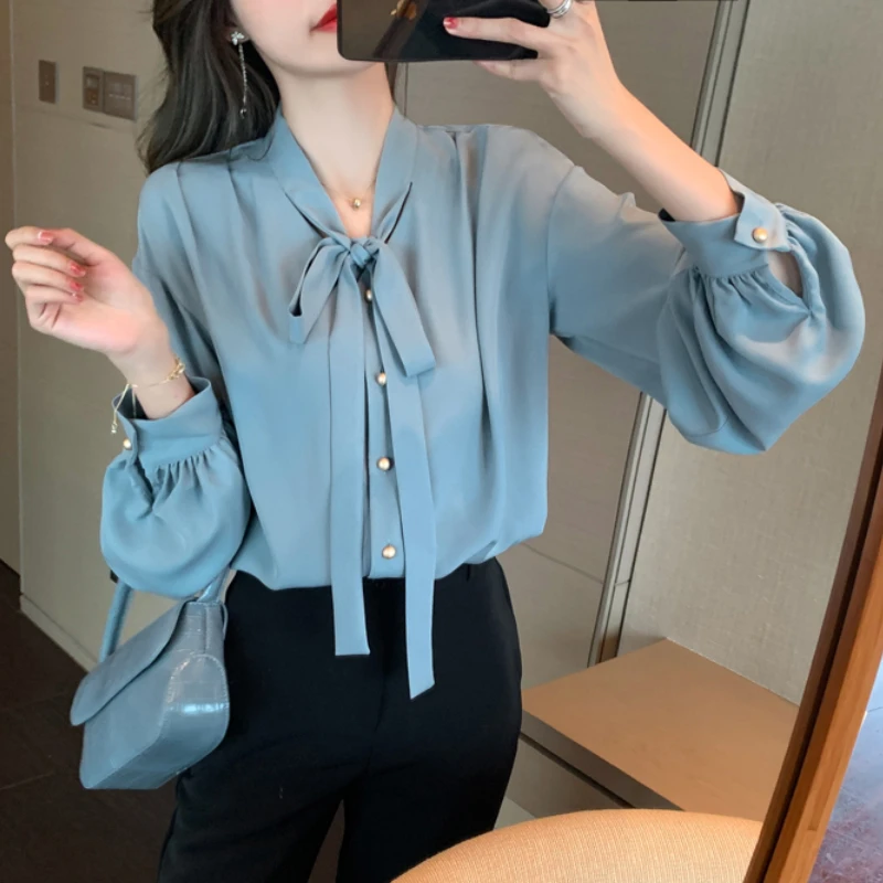 

Button Up Shirts Blusas Mujer De 2022 Lace Up Bow Neck Shirts Women Long-sleeved Chiffon Shirts Female Loose Ladies tops 165G