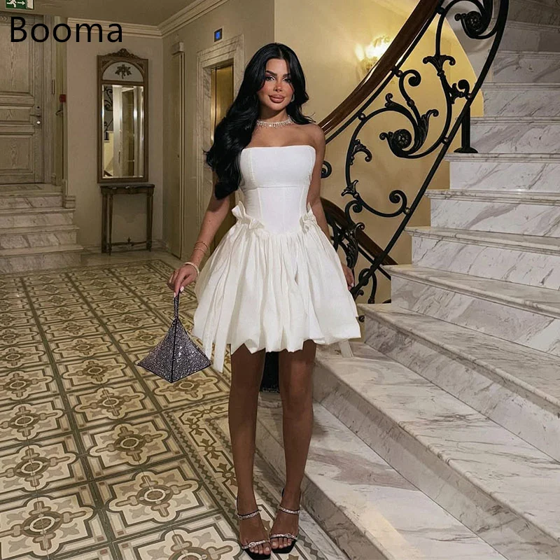 Фото Booma Простые мини-платья для свадебной вечеринки с бантом без рукавов, платье для выпускного вечера трапециевидной формы, атласное коктейльное платье, наряды на заказ №1