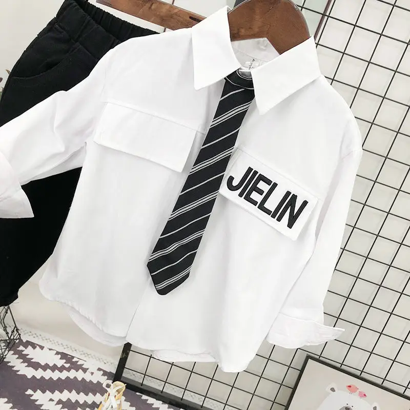 

Teenager Boys' White Shirts Long Sleeve Top Striped Tie Turndown Collar Letter Printing 2023 Spring Loose Causal 5-12 Years Old