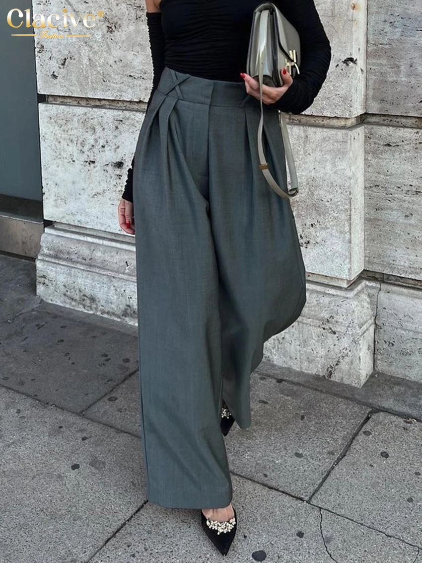 

Clacive Fashion Loose Gray Women Pants 2023 Elegant High Waist Full Length Office Lady Trousers Casual Classic Straight Pants