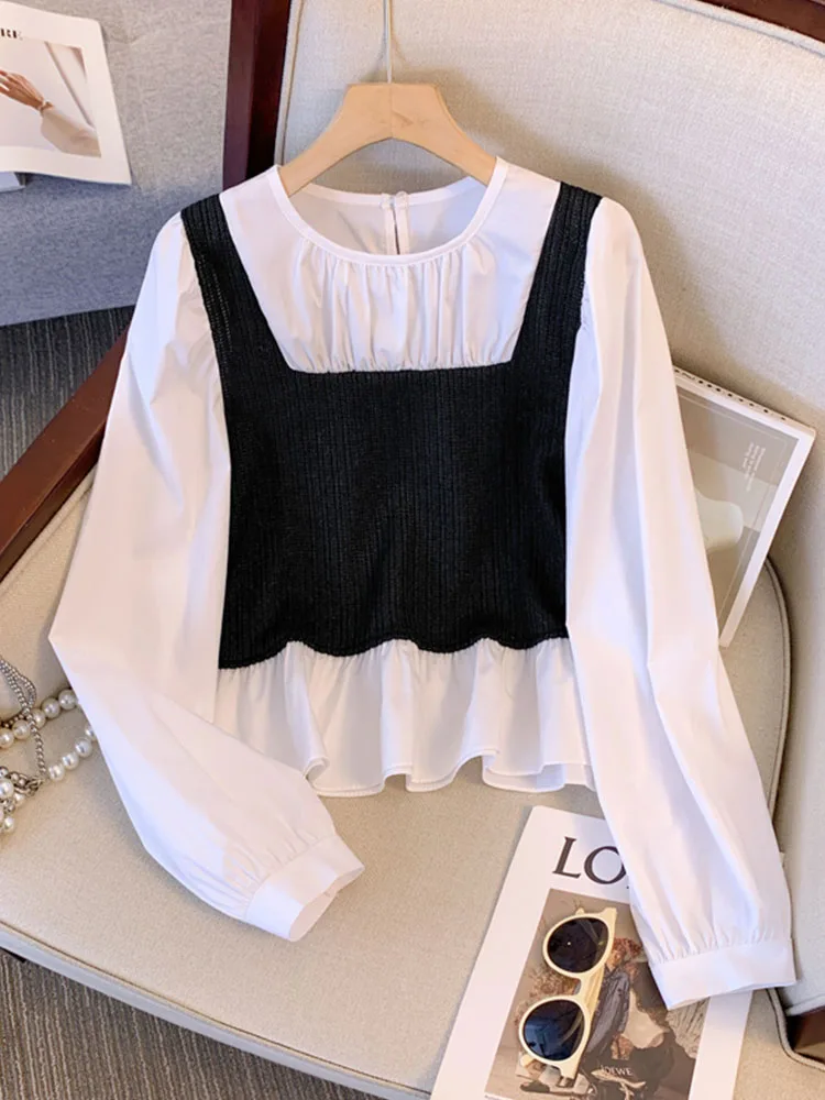 Fake Two Pieces Patchwork Shirt Sleeve Crop Top Women Elegant O-Neck Casual Shirts Autumn Winter Sweet Cute Cozy Chiffon Blouses