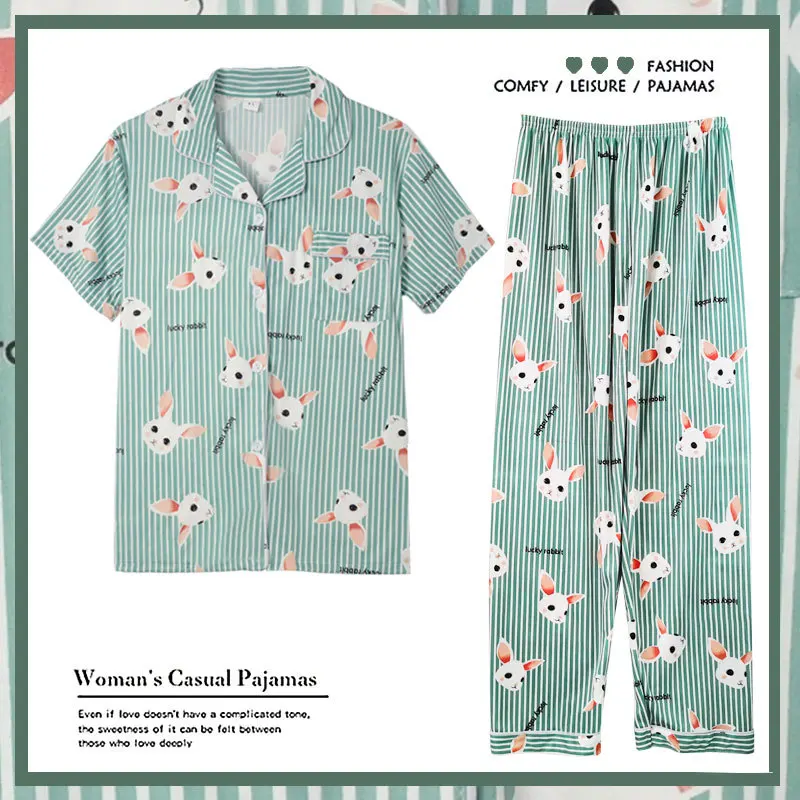 New Sale Women Home Wear 2022 Spring Summer Short Sleeved Women Pajamas Set Long Pant Pyjamas Sets Cotton Leisure Sleepwear Set