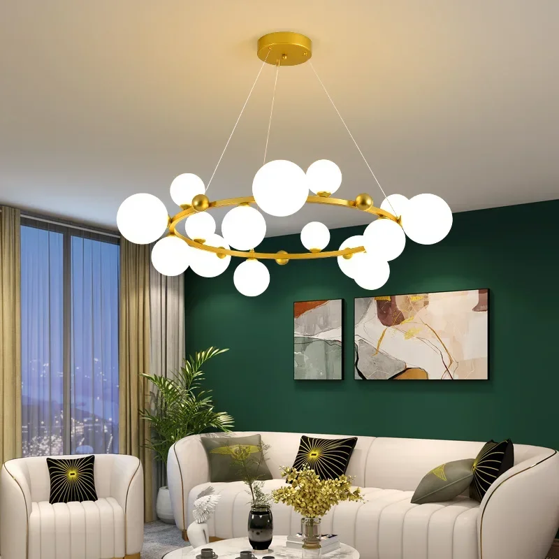 

Nordic Living Room Chandelier Modern Simple Full Copper Creative Light Luxury Dining Room Magic Bean Glass Ball Pendant Light