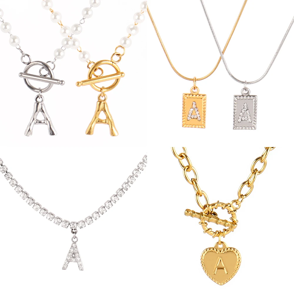 Ожерелье с буквами для женщин колье из нержавеющей стали алфавитом и жемчугом
