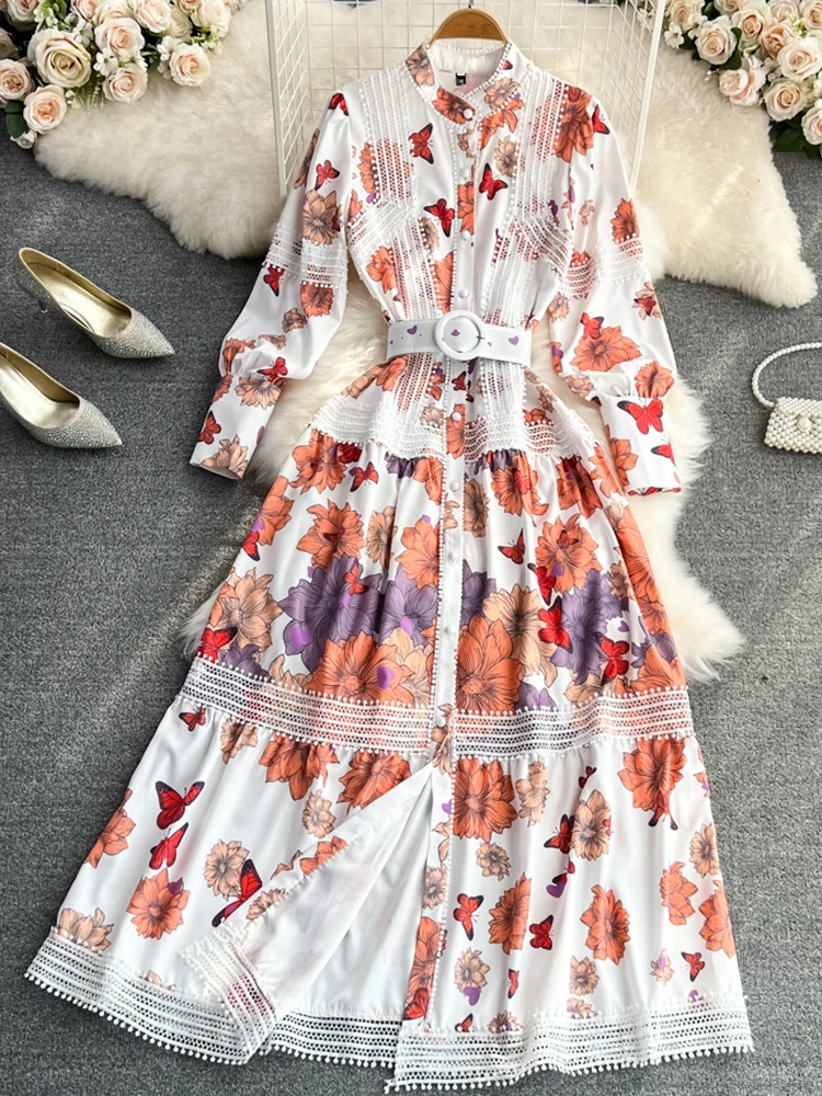 

Fitaylor Spring Autumn Women Vintage Stand Collar Single Breasted High Waist Slim Dress Fashion Casual Elegant A-Line Dresses