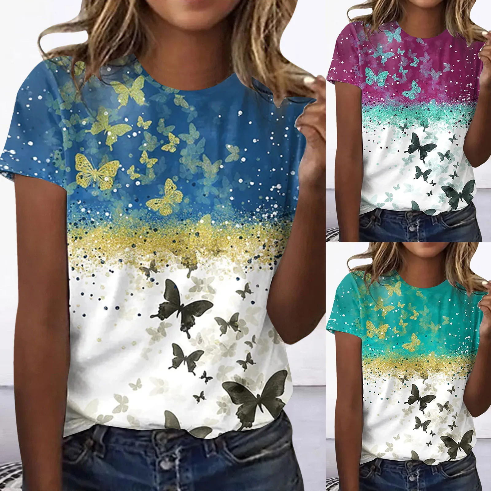 

Летняя мода бабочка цифровая печать Повседневная круглая шея рукав рубашка для юниоров маленькие топы многослойная рубашка с длинным рукавом для женщин