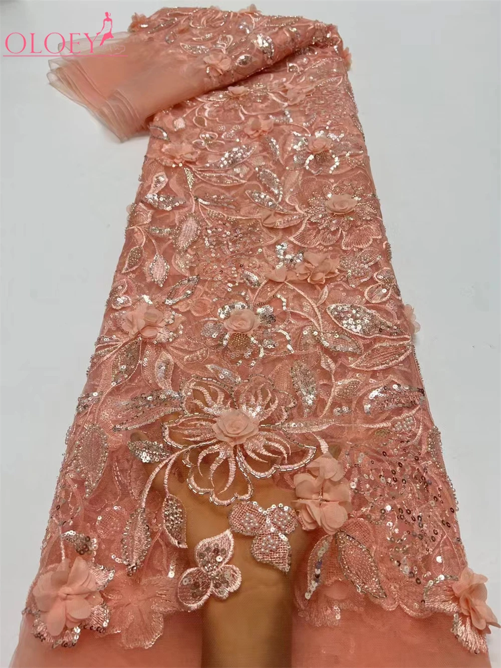 2024 модная французская сетка 3D Цветочная вышивка из бисера кружевная ткань с