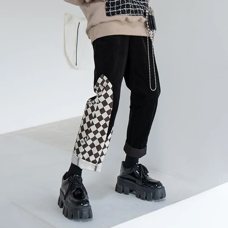 Autumn/Winter 2022 China-Chic Pants Men's Fashion Design Sense Checkerboard overalls Straight China-Chic hiptop cropped pants
