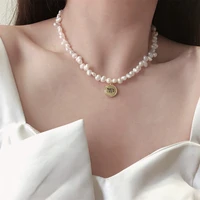 minar korean vintage irregular freshwater pearl choker necklace letter round coin pendant necklaces for women casual jewellery
