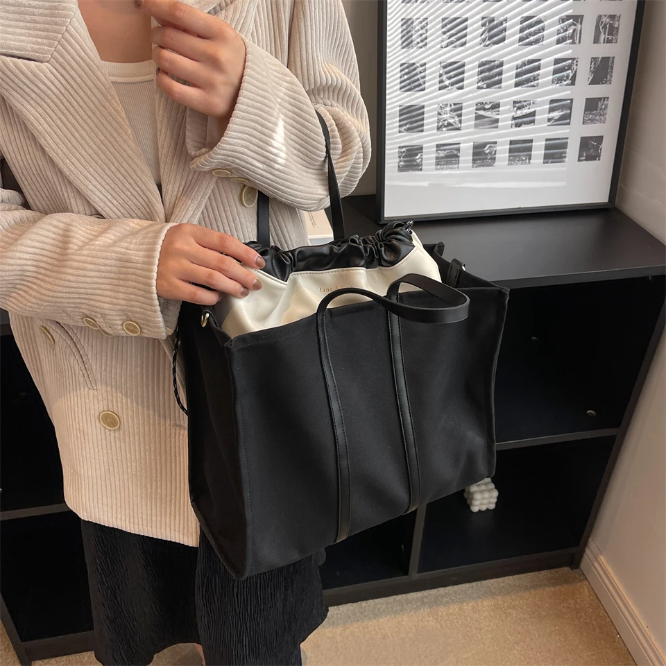 Women Drawstring Canvas Tote Bags Splicing Single Shoulder Bag Handbag Composite Bag Fashion Large Capacity