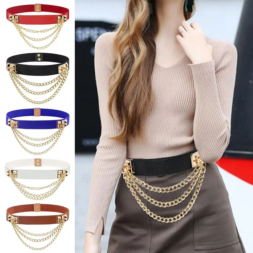 

Women Stretch Casual Luxury Leather Punk Waistband Gold Chain Waist Belt Elastic Cummerbund Wild Skirt Bands