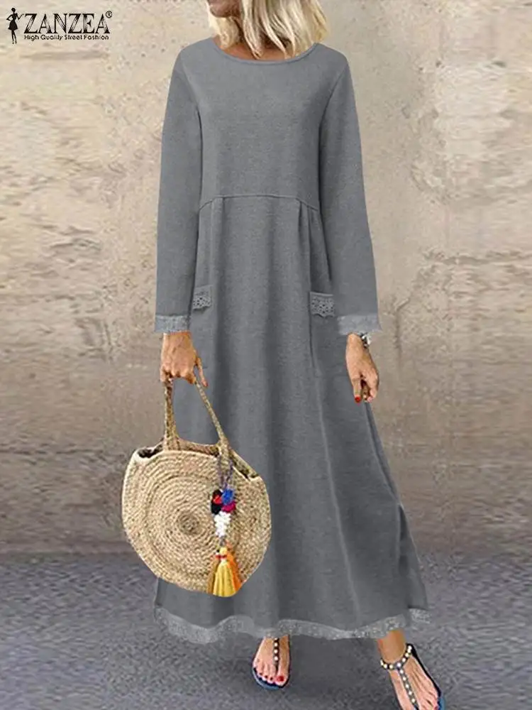 Винтажное женское платье-свитшот ZANZEA 2023 Осеннее кружевное лоскутное платье