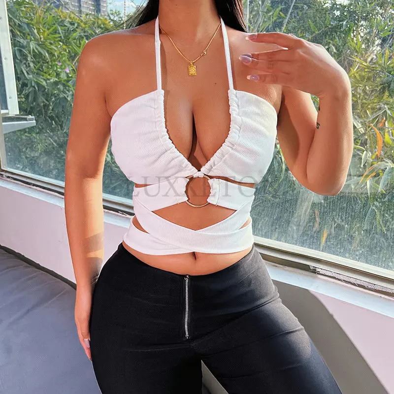 

Сексуальный Однотонный женский топ со шнуровкой и лямкой на шее, Модный женский топ без рукавов, женская уличная одежда, новые женские топы