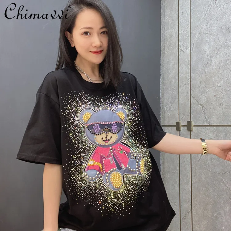 

2022 Summer New Fashion Pullover Short Sleeve Top European Style Heavy Beads Pink Bear Loose Casual Short Sleeve T-shirt Women