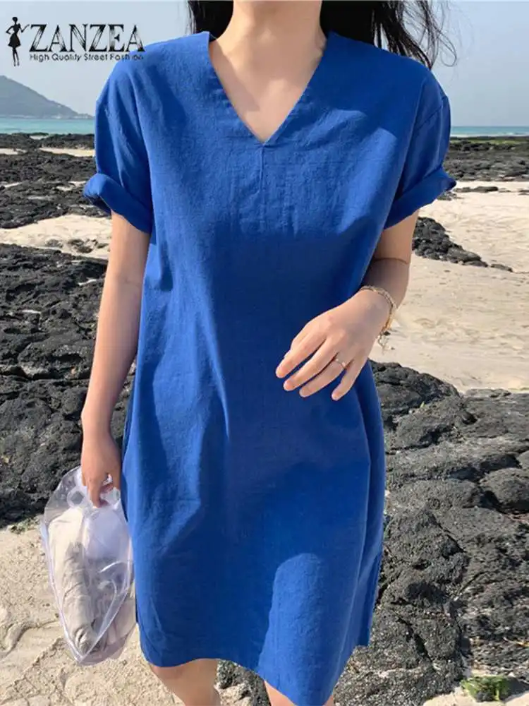 

Летний Яркий Женский винтажный хлопковый Халат ZANZEA до колена, женское Повседневное платье с V-образным вырезом, модное однотонное платье 2022