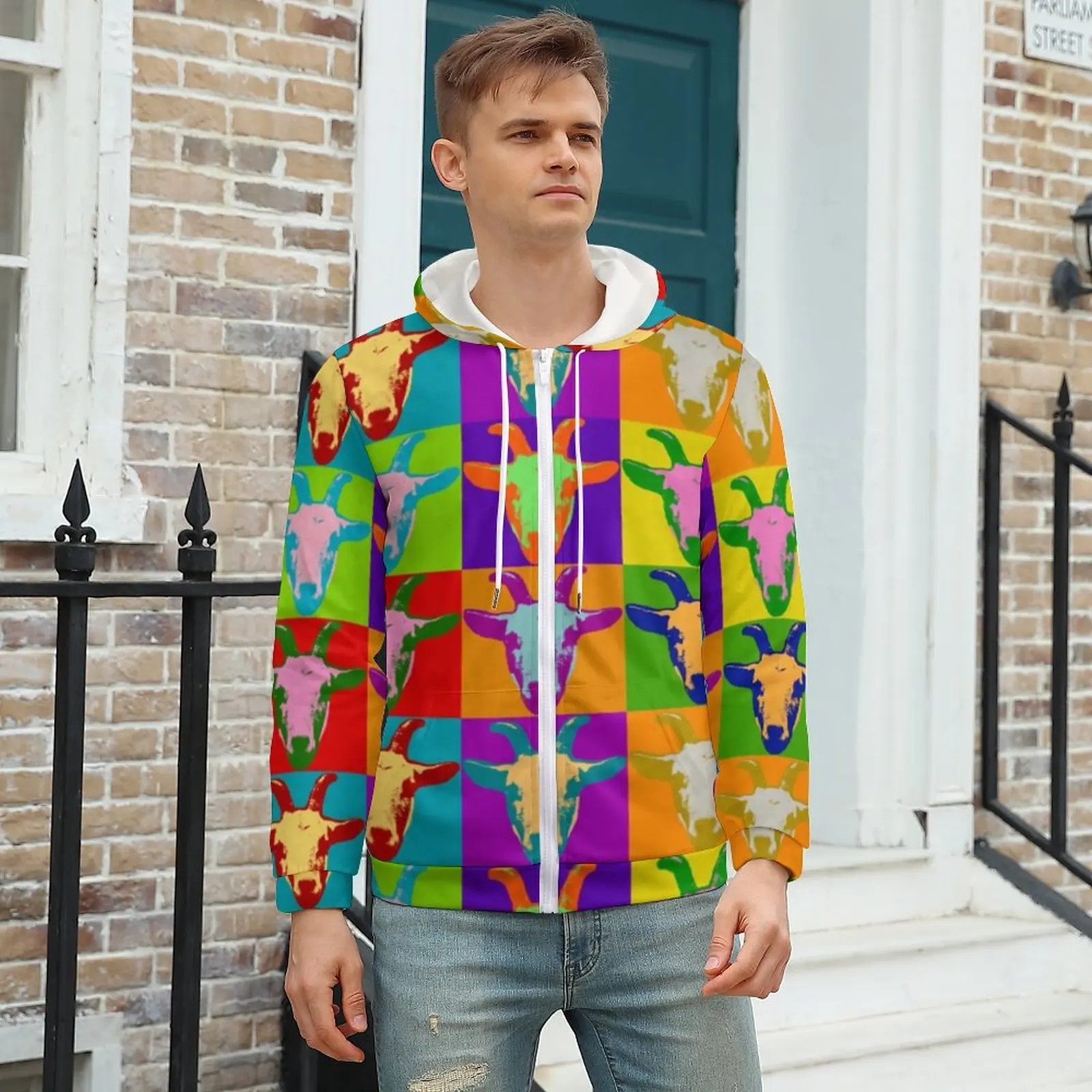 

Farm Animal Print Hoodie Goat Pop Art Fashion Men Hoodies Men Warm Zip Up Hoodie Oversized
