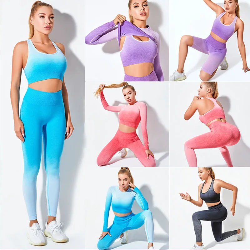 

2PCS Women Yoga Set Gym Sexy Bra Seamless Leggings Sport Workout Gradient Fitness Running Clothing Wear Athletic Sportswear Suit