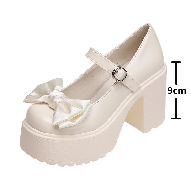 White Platform High Heels Women Mary Jane Chunky Heel Shoes Bows Elegant Woman Heeled Pumps Round Toe Shoes Women's Wedding Shoe