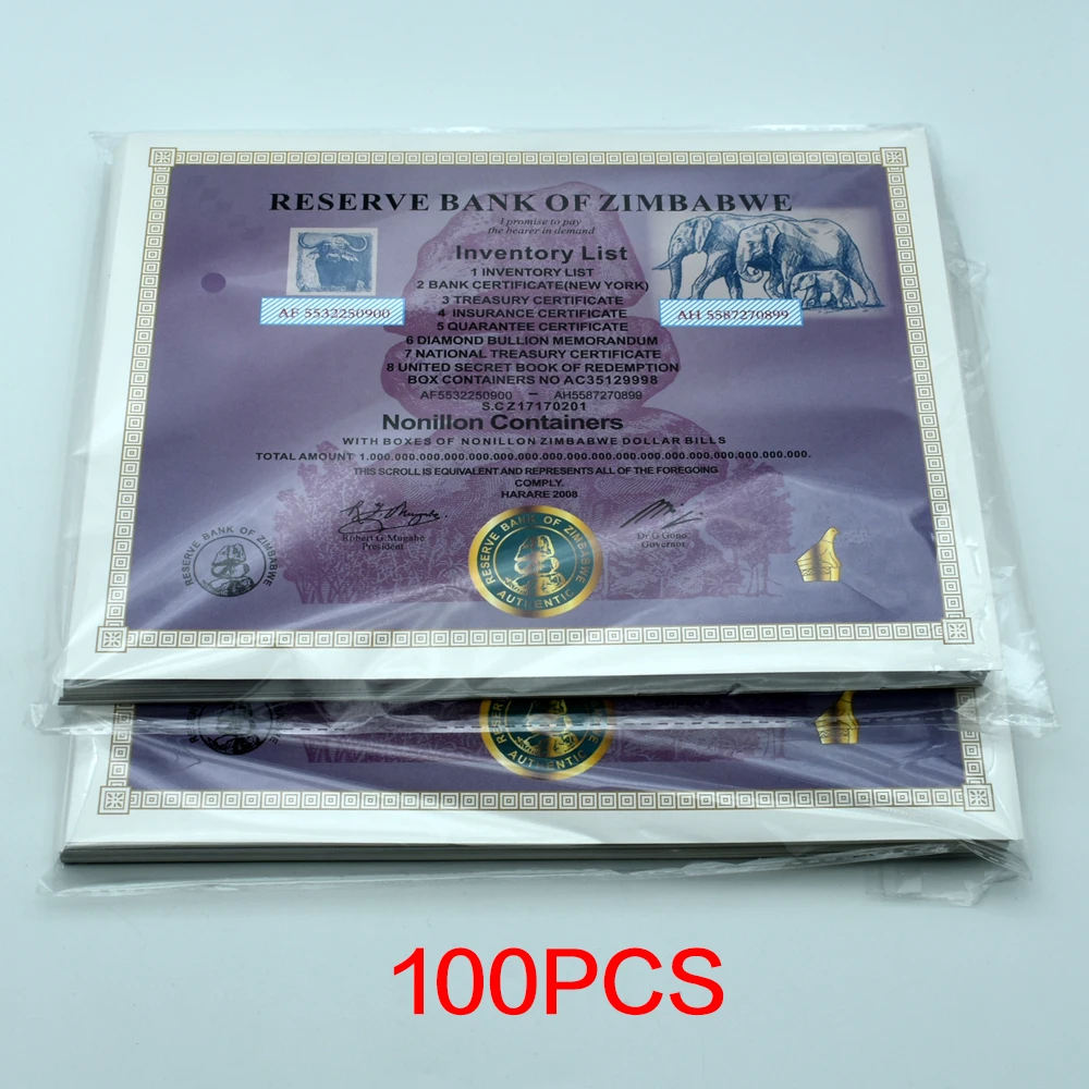 

100pcs Zimbabwe Souvenir Voucher 54 Zeros Nonillon Containers with Serial Number Art Ornaments Souvenir Gifts for Collection