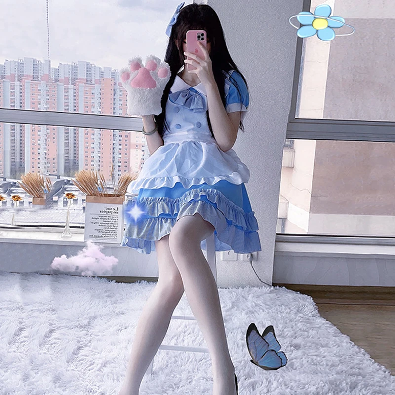 

Sexy Cute Lace Up Blue White Maid Dress Role Play Costume Kawaii Lolita Outfit Cosplay Anime Uniform Suit Mini Tenue Ecoliere