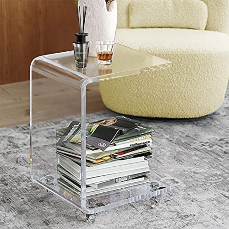 Modern Lucite Movable C Shaped End Lucite Table,Acrylic Sofa Side Table, Snack Mini Table On Wheels,Clear Rolling Table Set