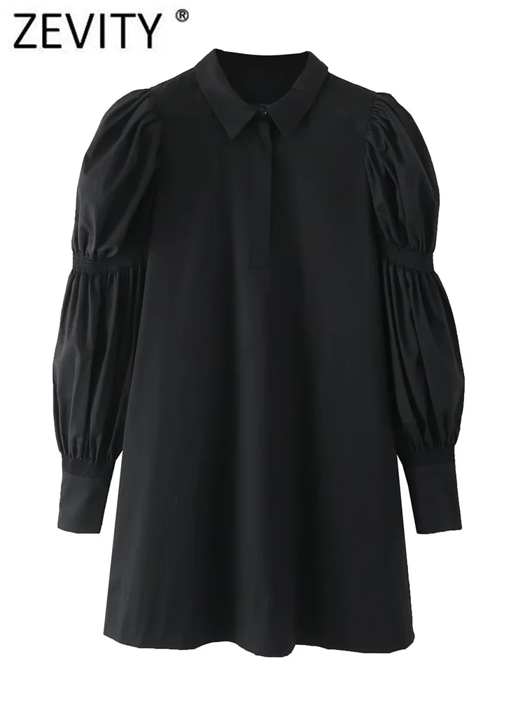 

Zevity New Women Fashion Polo Collar Elastic Pleats Puff Sleeve Black Poplin Mini Shirt Dress Female Chic Casual Vestidos DS2919