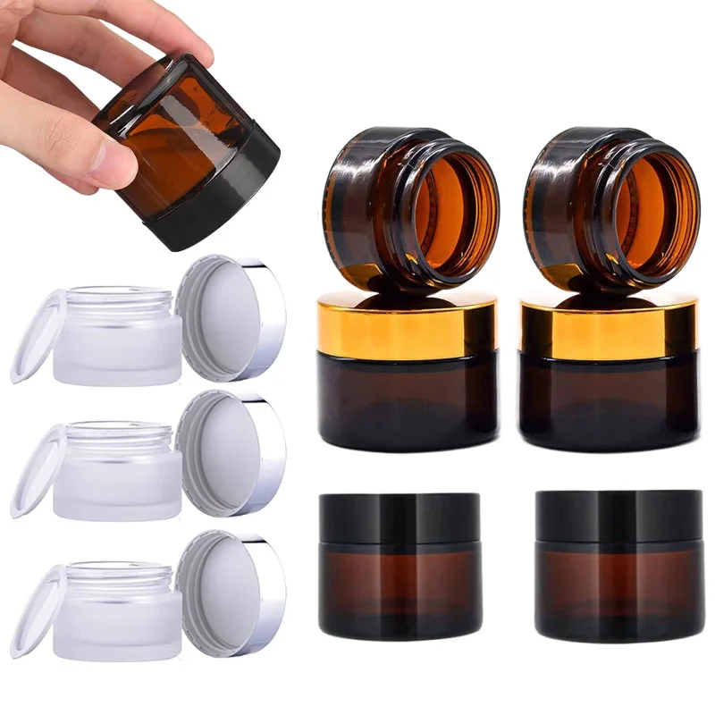 

5Pcs 5g-100g Amber Round Glass Jars Pots With Inner Liners & Lids Make up Vials For Lip Balm Lotion Cream Powders Candle jar