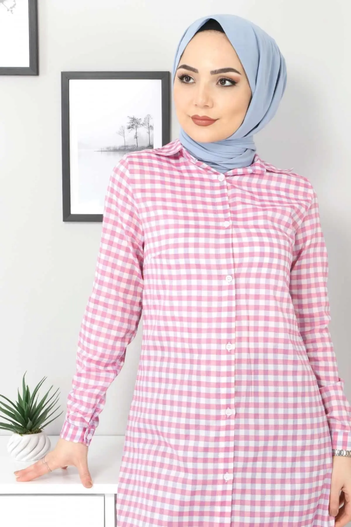 

Women's Pink Square Pot Large Size Tunic Muslim Tunic 2021 Fashion