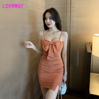 2022 low cut bow tie halter belt breast temperament buttock wrapped sexy evening dress office lady knee length