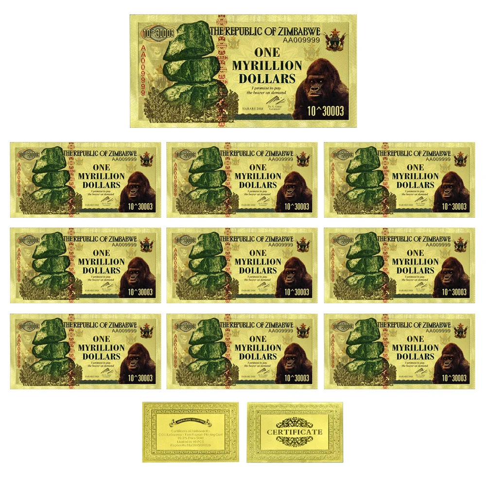 

10pcs/lot Zimbabwe One Myrillion Dollars Gold Foil Banknotes Zimbabwe Commemorative Banknotes Home Decoration Friend Gifts
