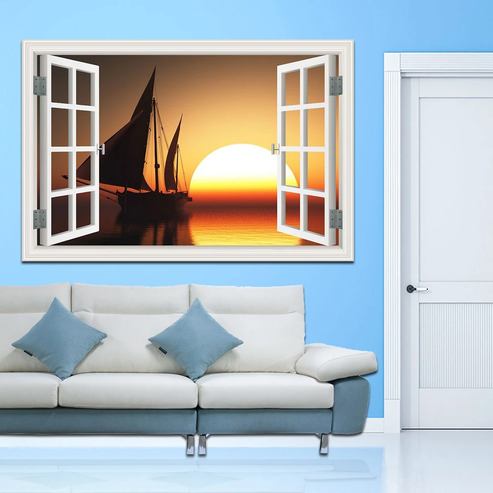

Sailing Boat on the Sea High Quality 3D Removable Wall Sticker Wall Art Seascape Creative Window View Home Decor