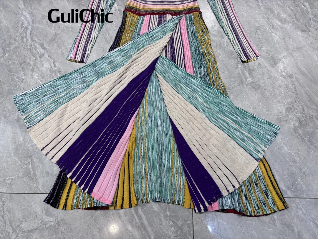 9.2 GuliChic Colorful Vertical Stripe V-Neck Bright Silk Knit Dress Women Elegant Fashion High Waist Split A-Line Pleated