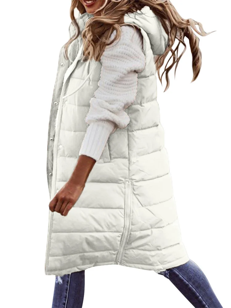 Cotton Coat Women Sleeveless Light Thin Long Slim Hooded Waistcoat 2023 Autumn Winter New Fashion Temperament White S-5XL Coats