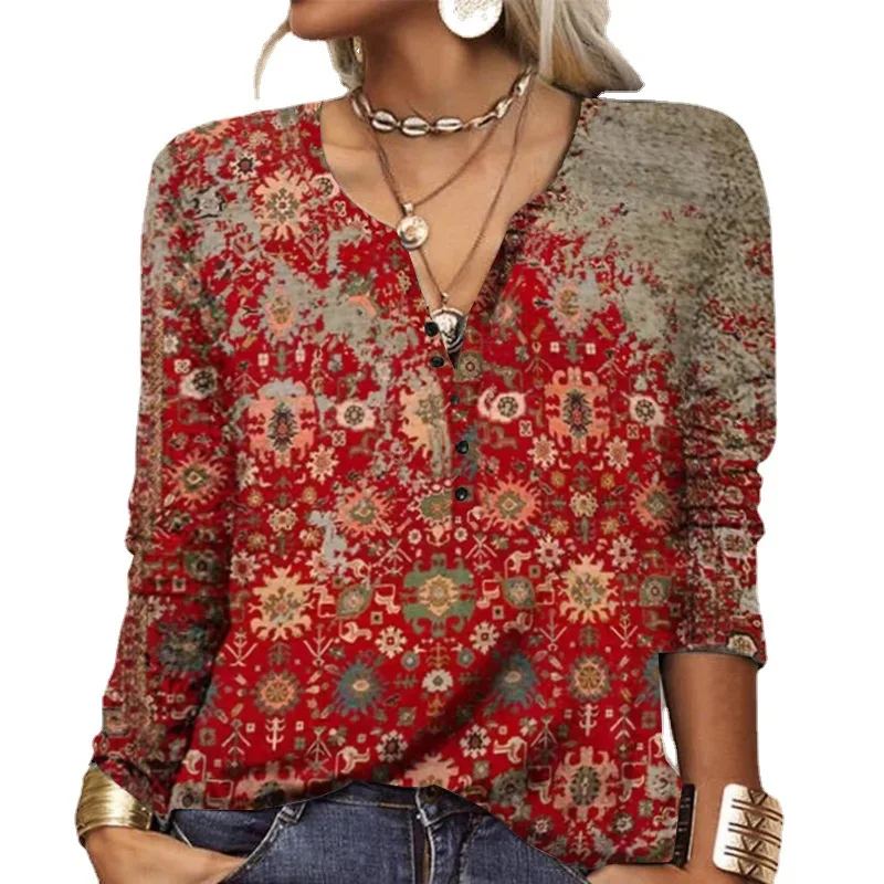 New Vintage Ethnic Style Floral Print Autumn Winter Womens Blouse Tops Casual Long Sleeve V-Neck Straight Boho Shirts Streetwear