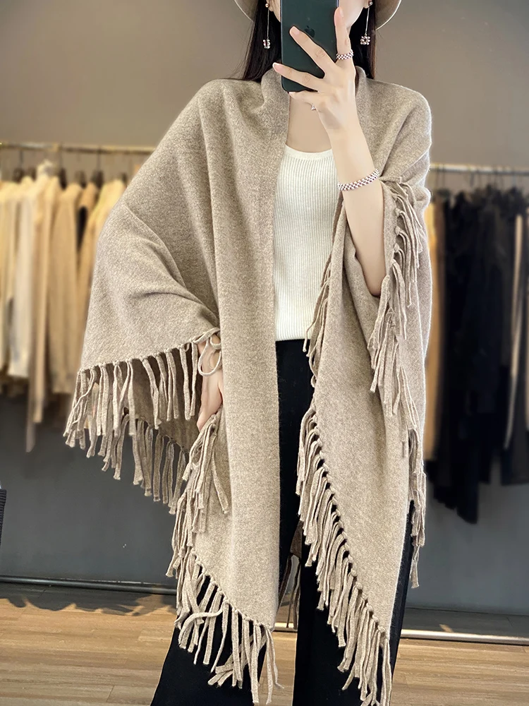 Осенне-зимний вязаный шарф из чистой шерсти 100% шаль Женская с большой кисточкой