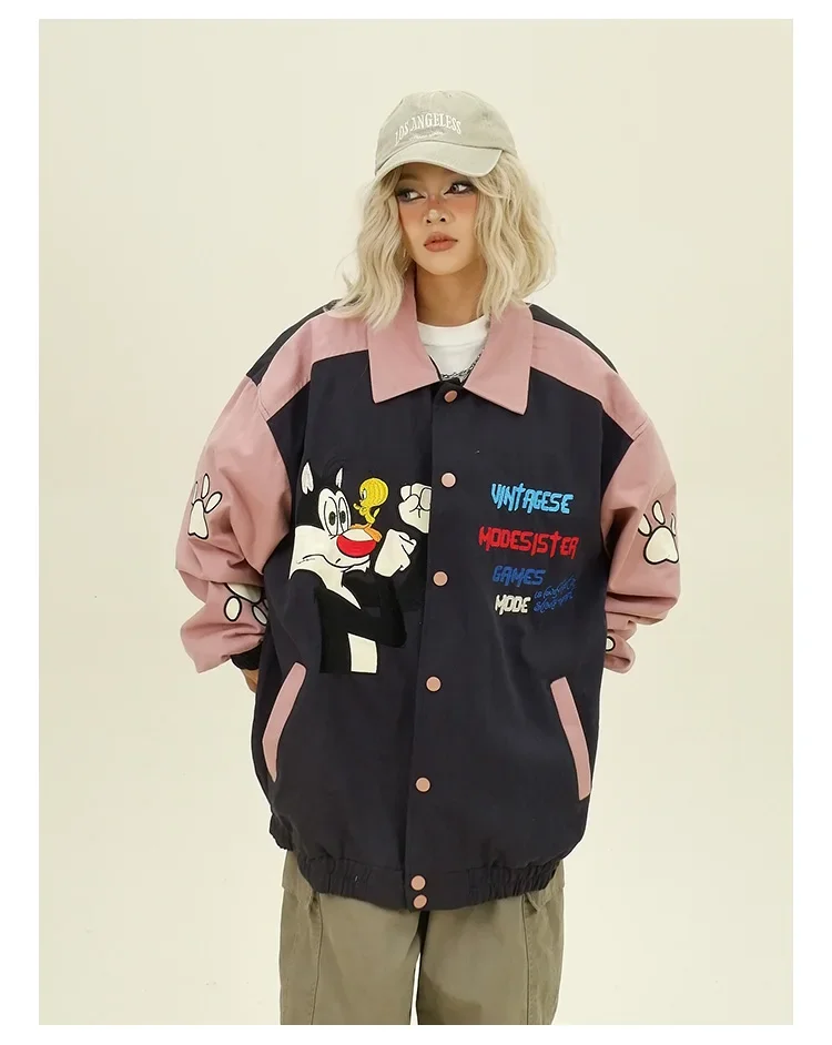 Куртка с отложным воротником изображением веселого кота Новинка осени 2024