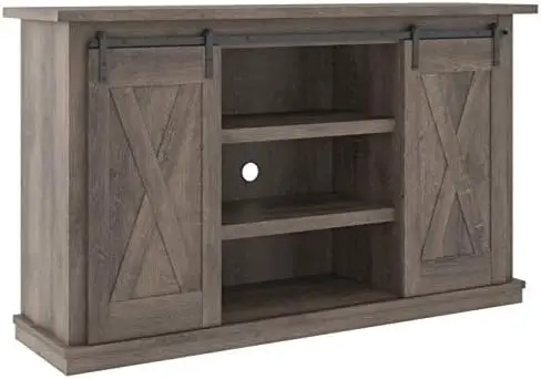 

Farmhouse TV Stand Fits TVs up to 50" with Sliding Barn Doors and Storage Shelves, Whitewash & Gray Bathroom accessories Shelves