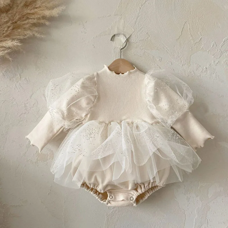 

Spring New Baby Girl Bodysuit Infant Fashion Princess Mesh Puff Sleeve Clothes Girls First Birthday Jumpsuit Baby Baptism Dress