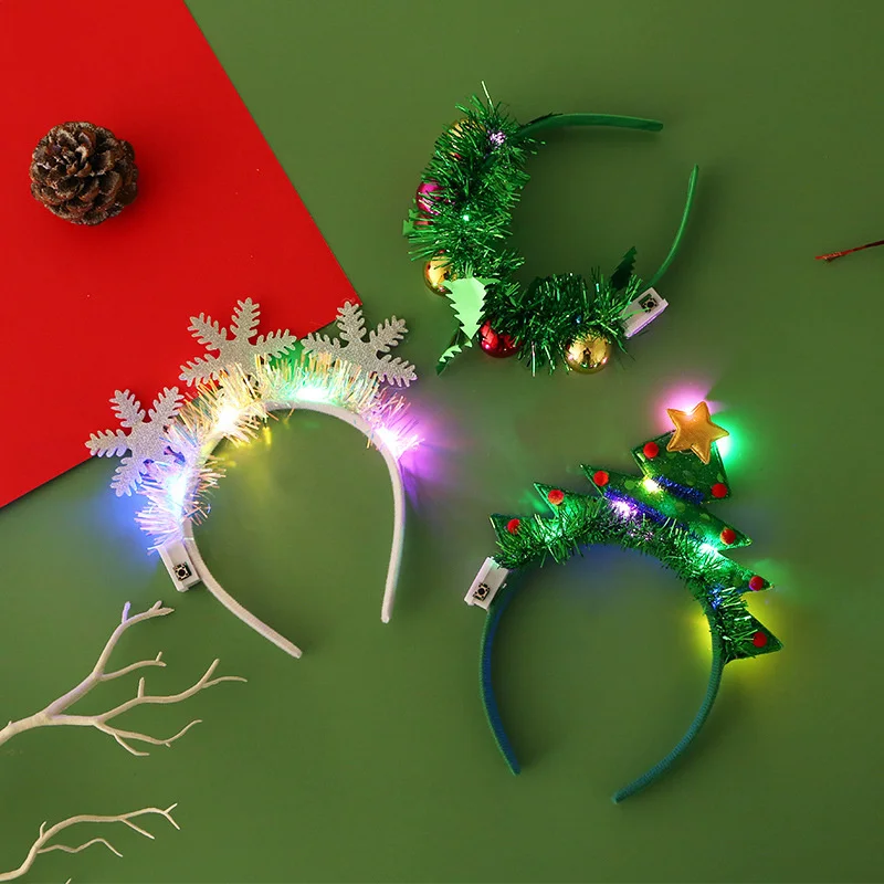 Christmas Hair Hoop Illuminated Cane Headband Tree Ornaments With Lights Deer Antlers Glitter Head Costume Props